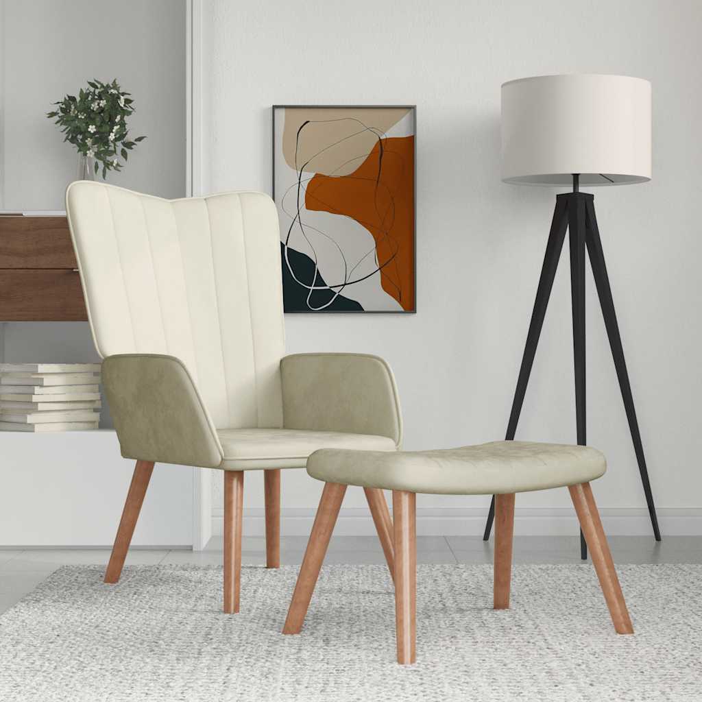 Scaun de relaxare cu taburet, alb crem, catifea