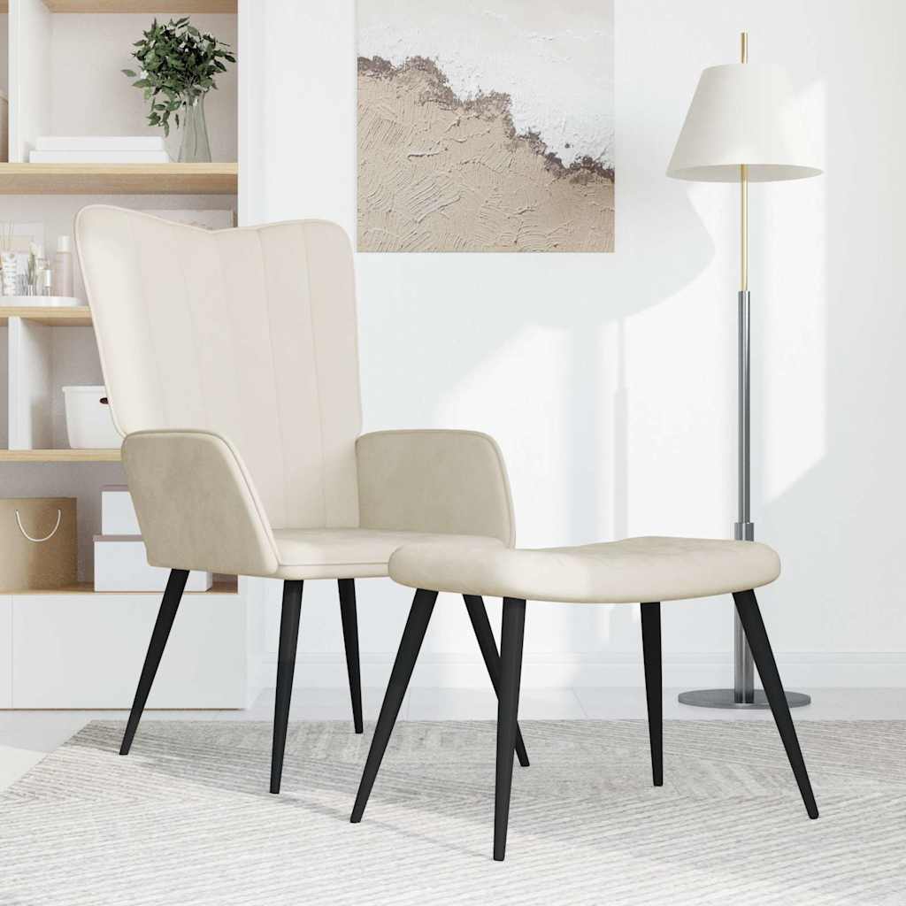 Scaun de relaxare cu taburet, alb crem, catifea