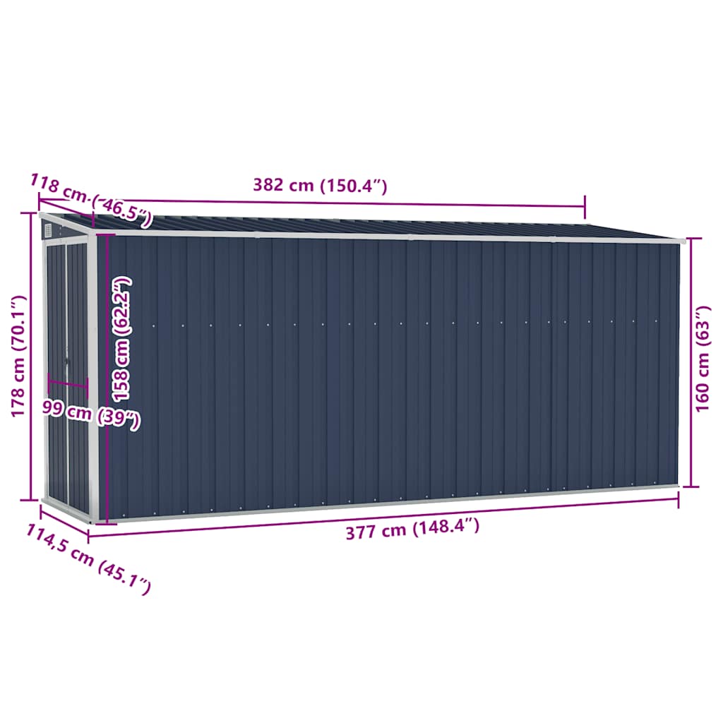 Șopron grădină/montaj perete antracit 118x382x178 cm oțel