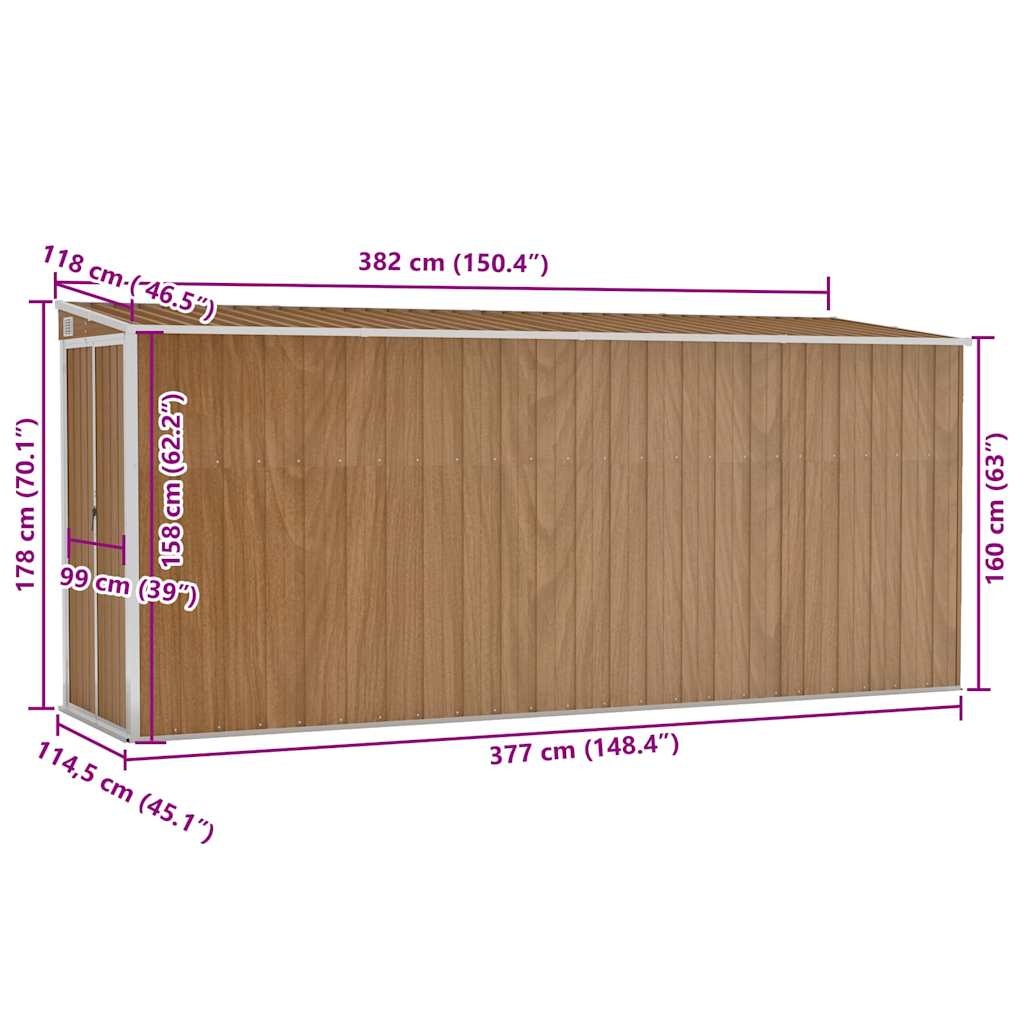 Șopron de grădină montat pe perete, maro, 118x382x178 cm, oțel galvanizat