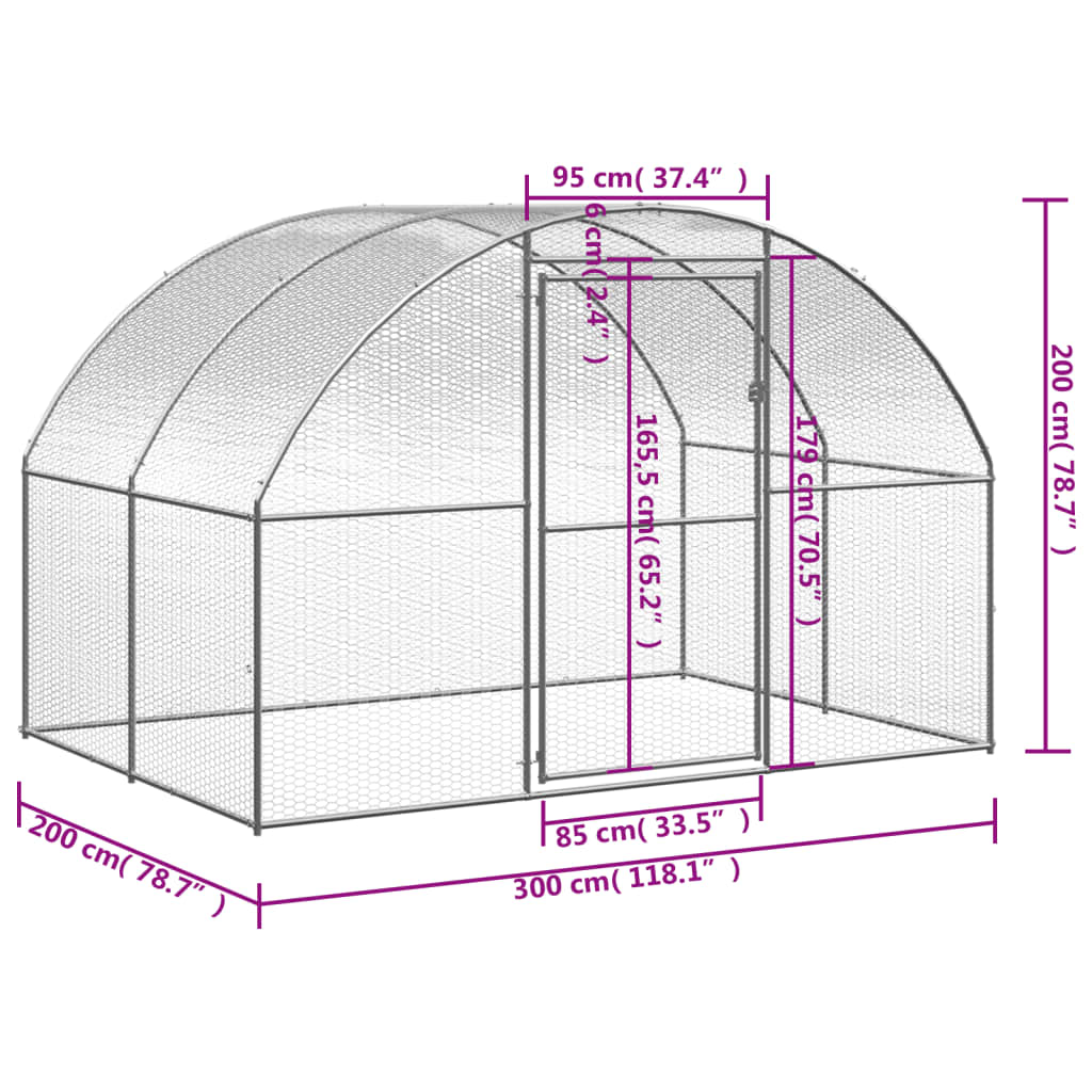 Volieră de păsări pentru exterior, 3x2x2 m, oțel galvanizat