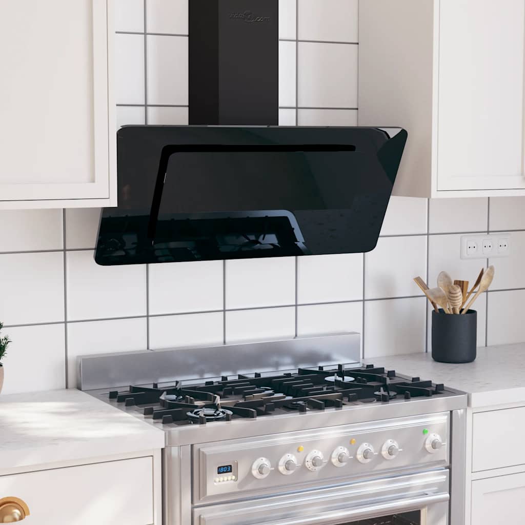 Hotă de perete negru 90 cm oțel inoxidabil și sticlă securizată