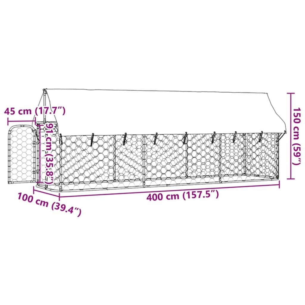 Padoc pentru câini de exterior, cu acoperiș, 400x100x150 cm