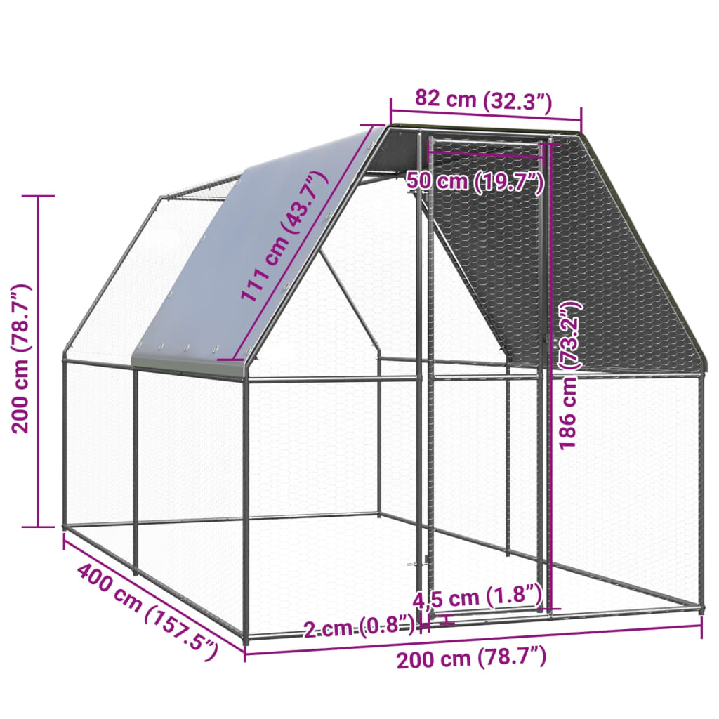 Coteț de exterior pentru păsări, 2x4x2 m, oțel zincat