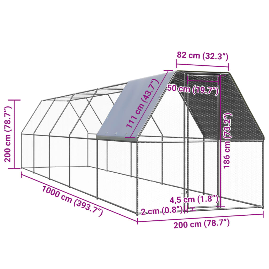 Coteț de exterior pentru păsări, 2x10x2 m, oțel zincat