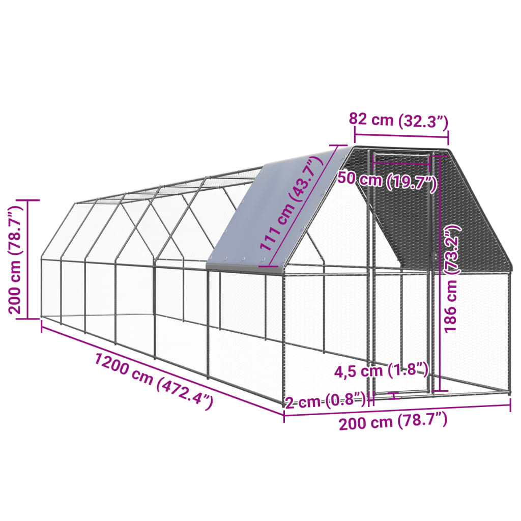 Coteț de exterior pentru păsări, 2x12x2 m, oțel zincat