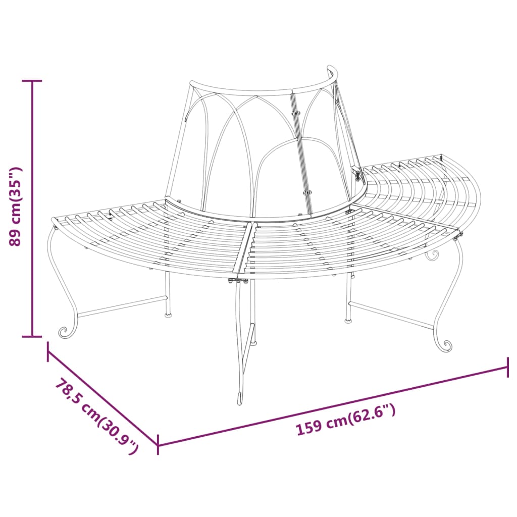 Bancă semicirculară de copac, negru, Ø159 cm, oțel