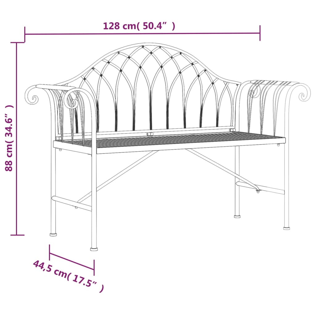 Bancă de grădină cu 2 locuri, negru, 128 cm, oțel