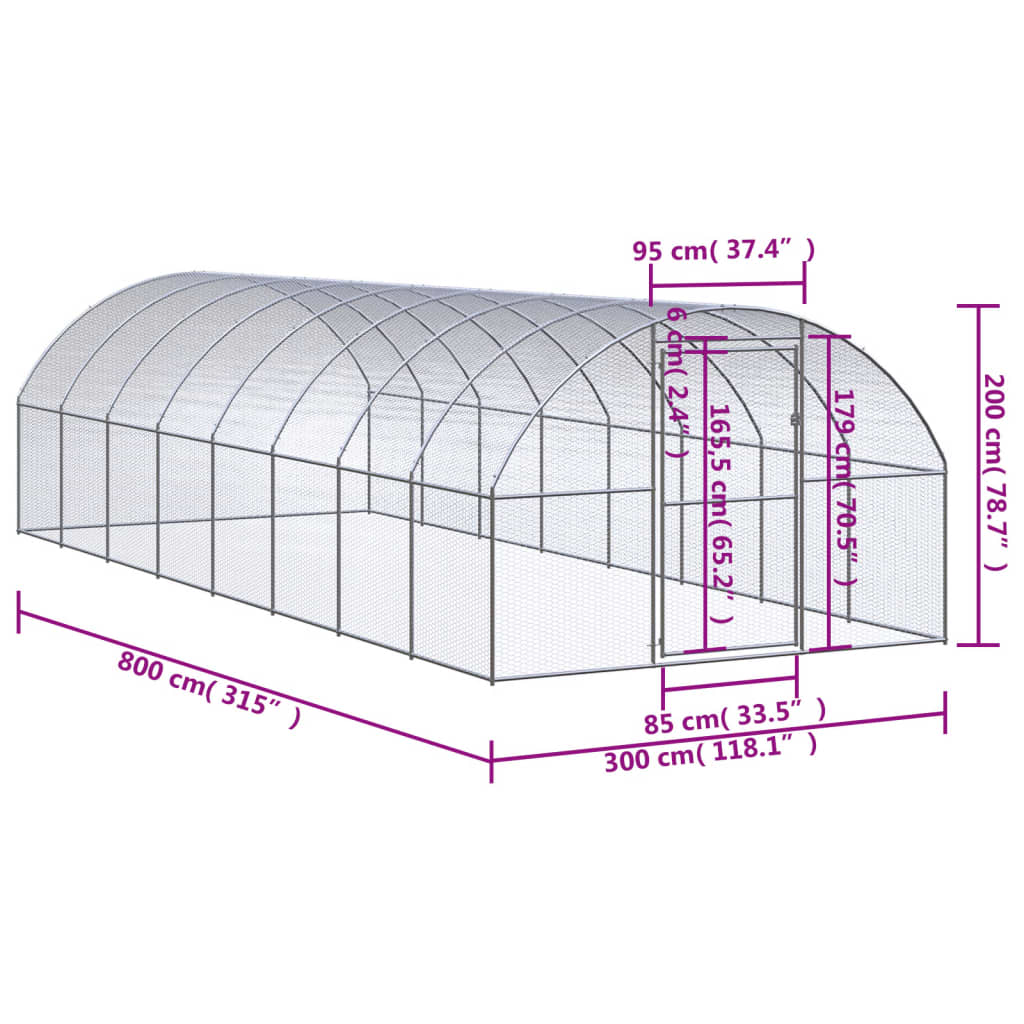 Coteț de găini pentru exterior, 3x8x2 m, oțel zincat