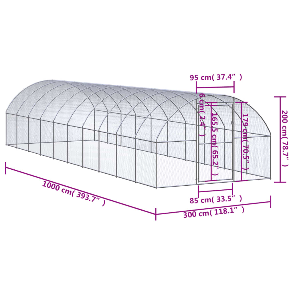 Coteț de găini pentru exterior, 3x10x2 m, oțel zincat