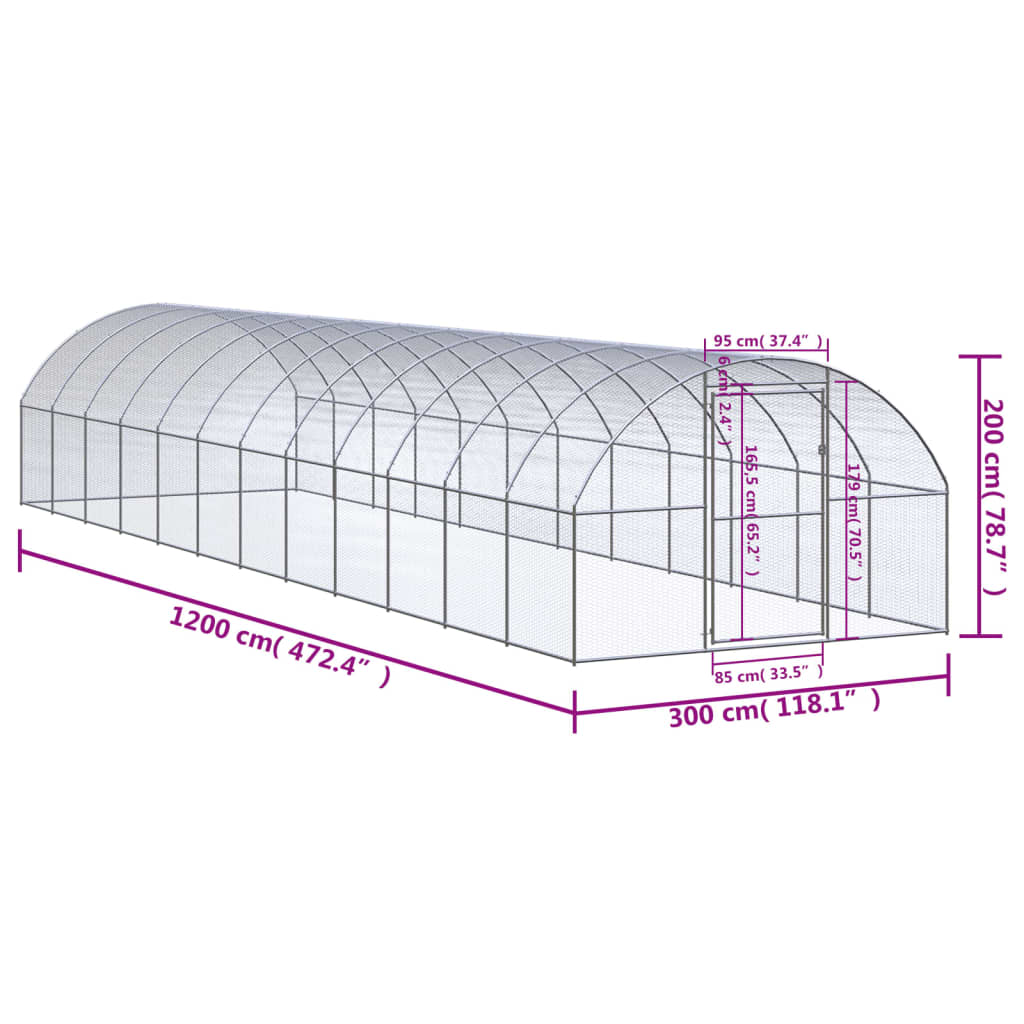 Coteț de găini pentru exterior, 3x12x2 m, oțel zincat