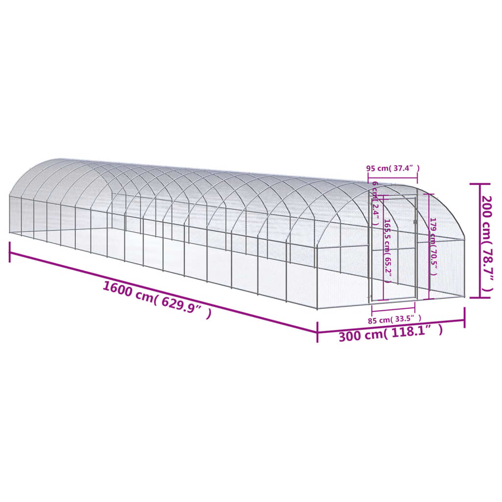 Coteț de găini pentru exterior, 3x16x2 m, oțel zincat