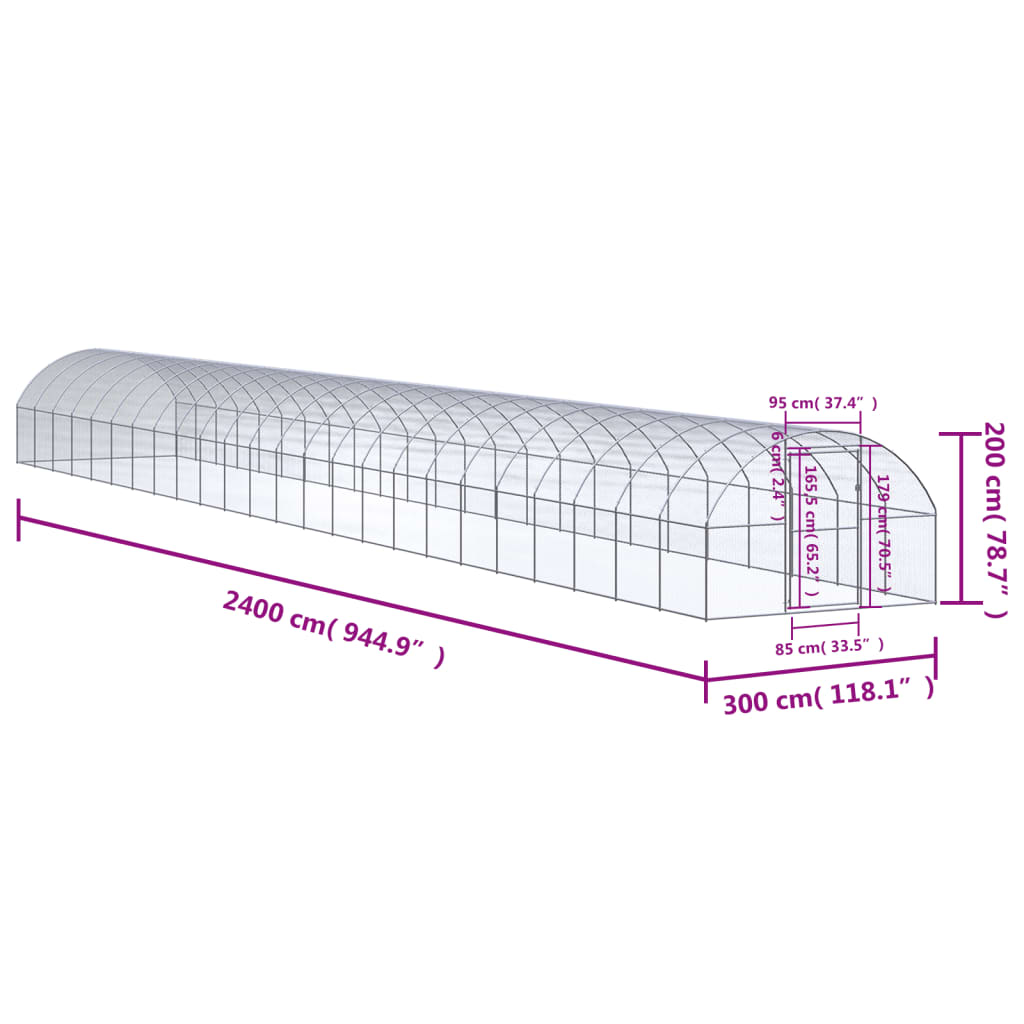 Coteț de găini pentru exterior, 3x24x2 m, oțel zincat