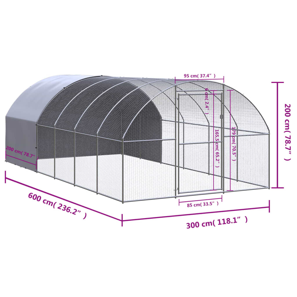 Coteț de găini pentru exterior, 3x6x2 m, oțel zincat