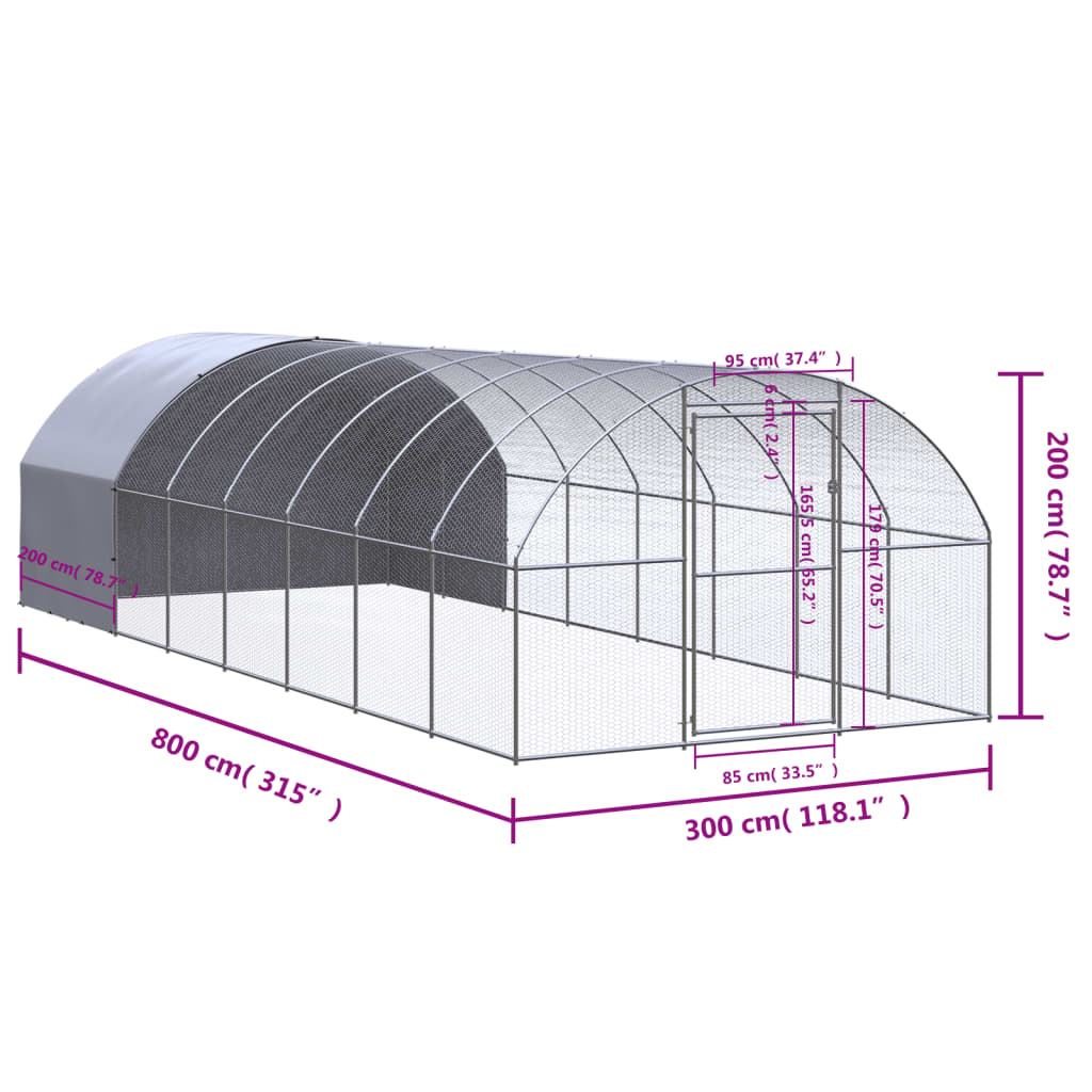 Coteț de găini pentru exterior, 3x8x2 m, oțel zincat