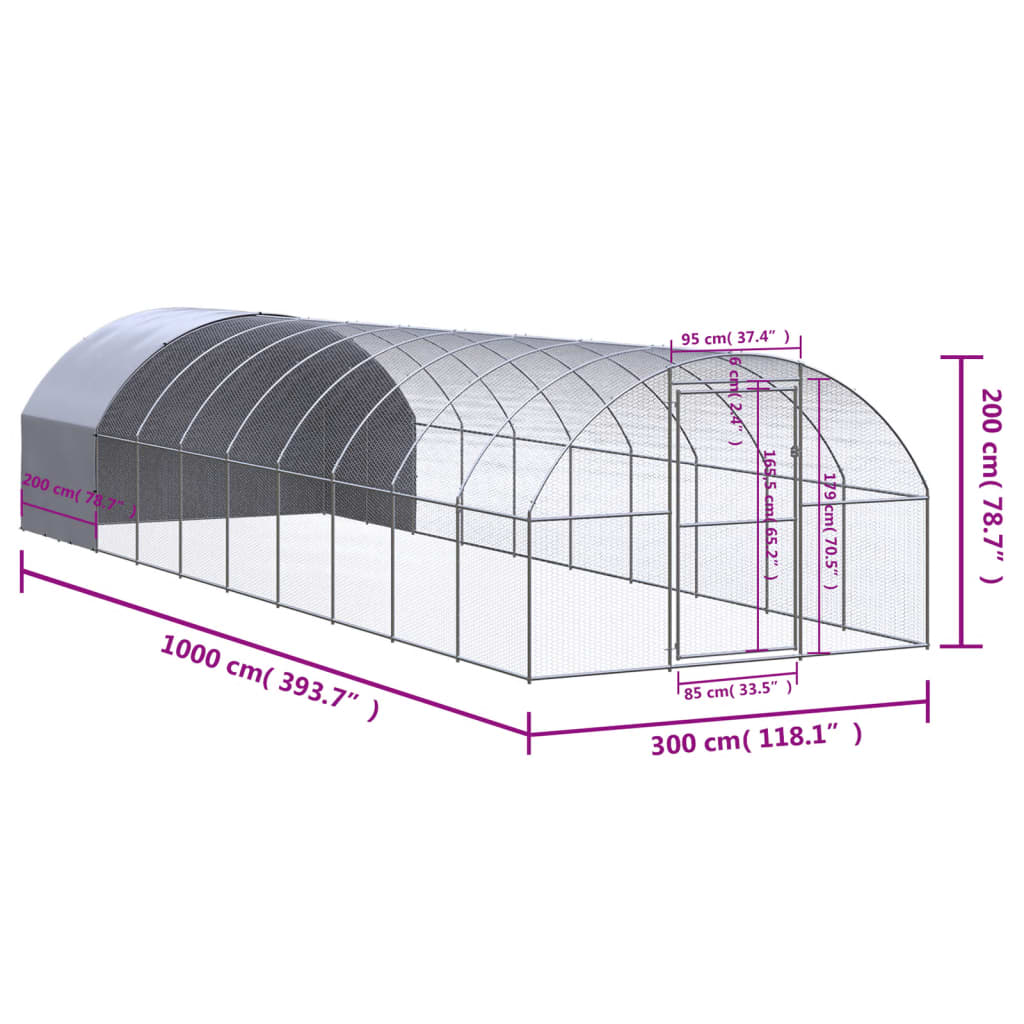 Coteț de găini pentru exterior, 3x10x2 m, oțel zincat