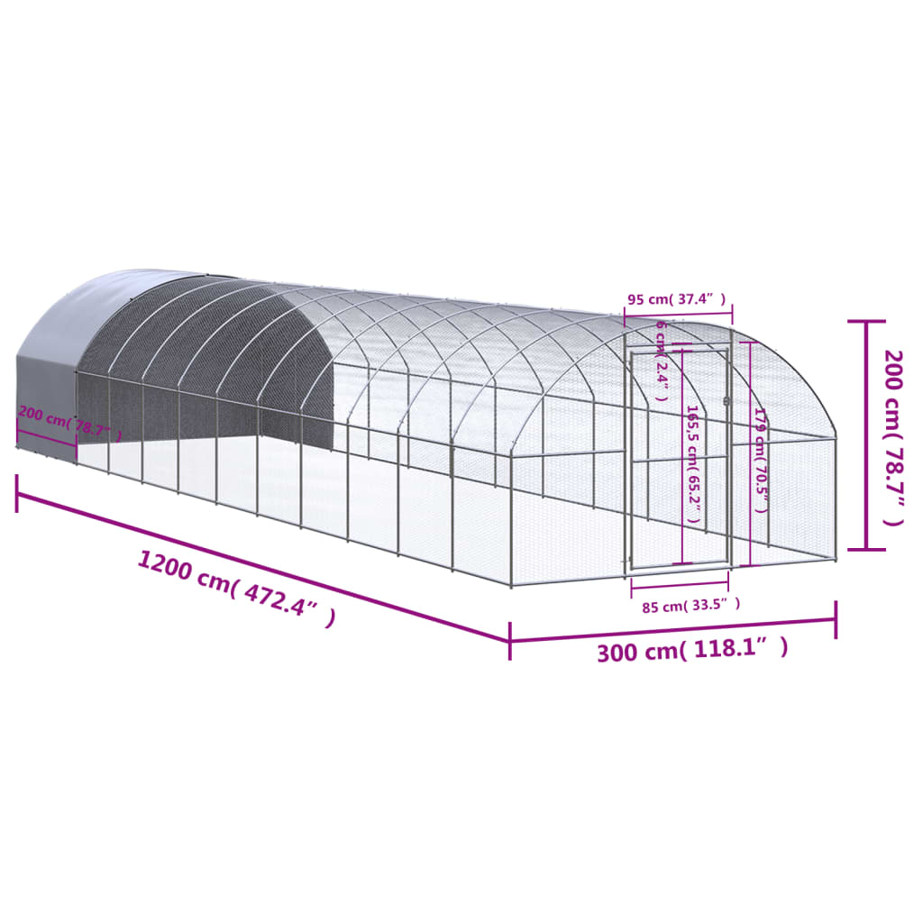 Coteț de găini pentru exterior, 3x12x2 m, oțel zincat