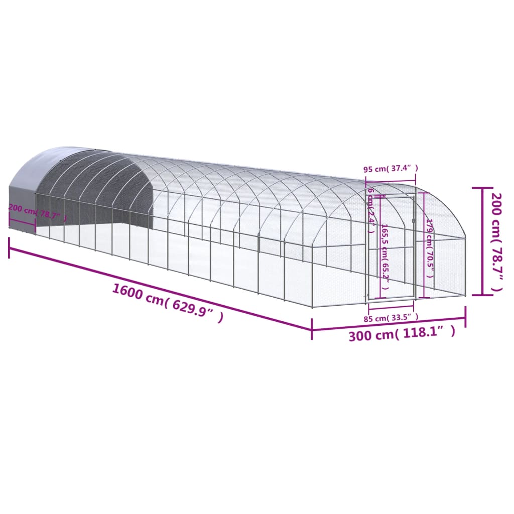 Coteț de găini pentru exterior, 3x16x2 m, oțel zincat