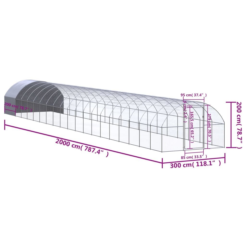 Coteț de găini pentru exterior, 3x20x2 m, oțel zincat