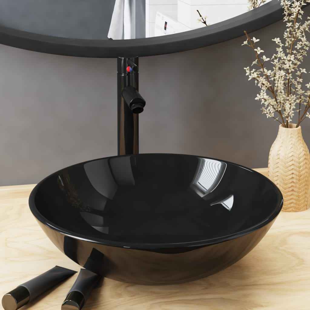 Chiuvetă baie robinet și scurgere tip push, negru sticlă călită