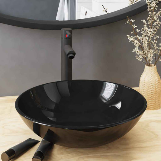 Chiuvetă baie, robinet&scurgere tip push, negru, sticlă călită