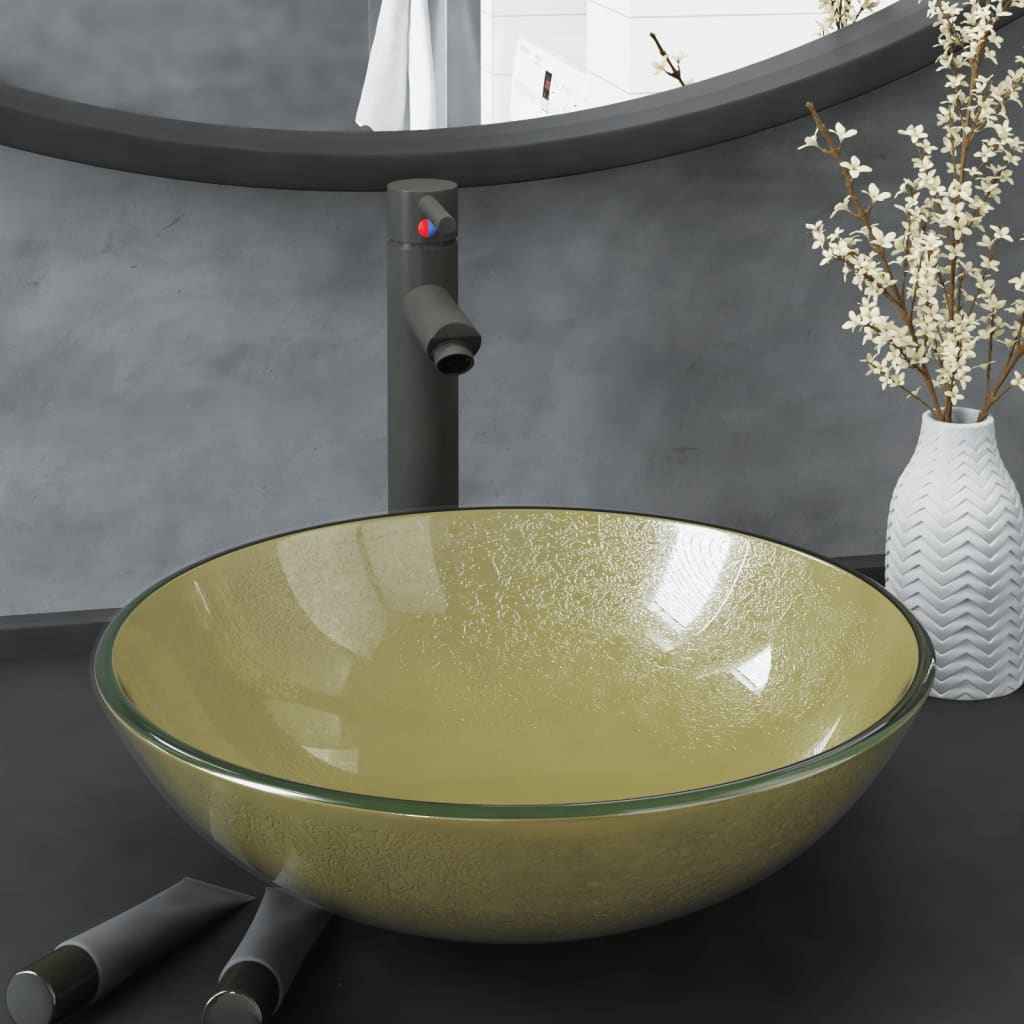 Chiuvetă baie cu robinet și scurgere tip push, sticlă aurie