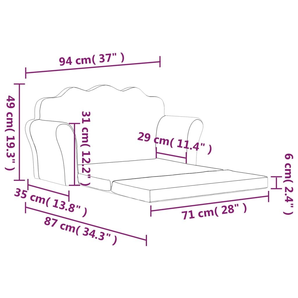 Canapea extensibilă de copii cu 2 locuri, antracit, pluș moale