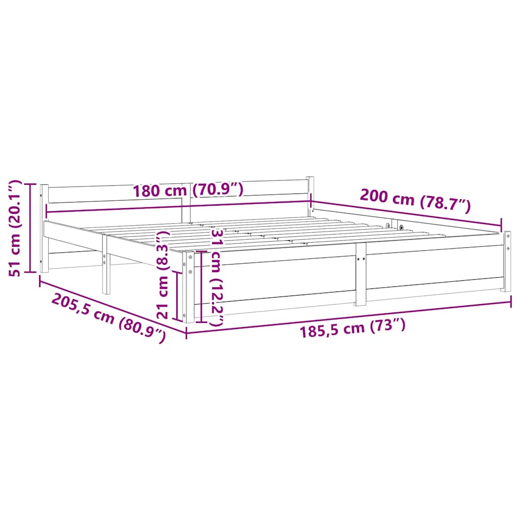 Cadru de pat Super King, alb, 180x200 cm, lemn masiv