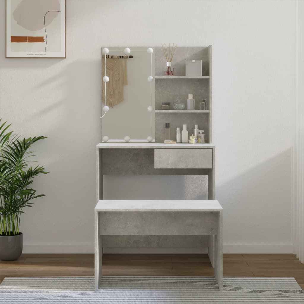 Set măsuță de toaletă cu LED, gri beton, lemn prelucrat