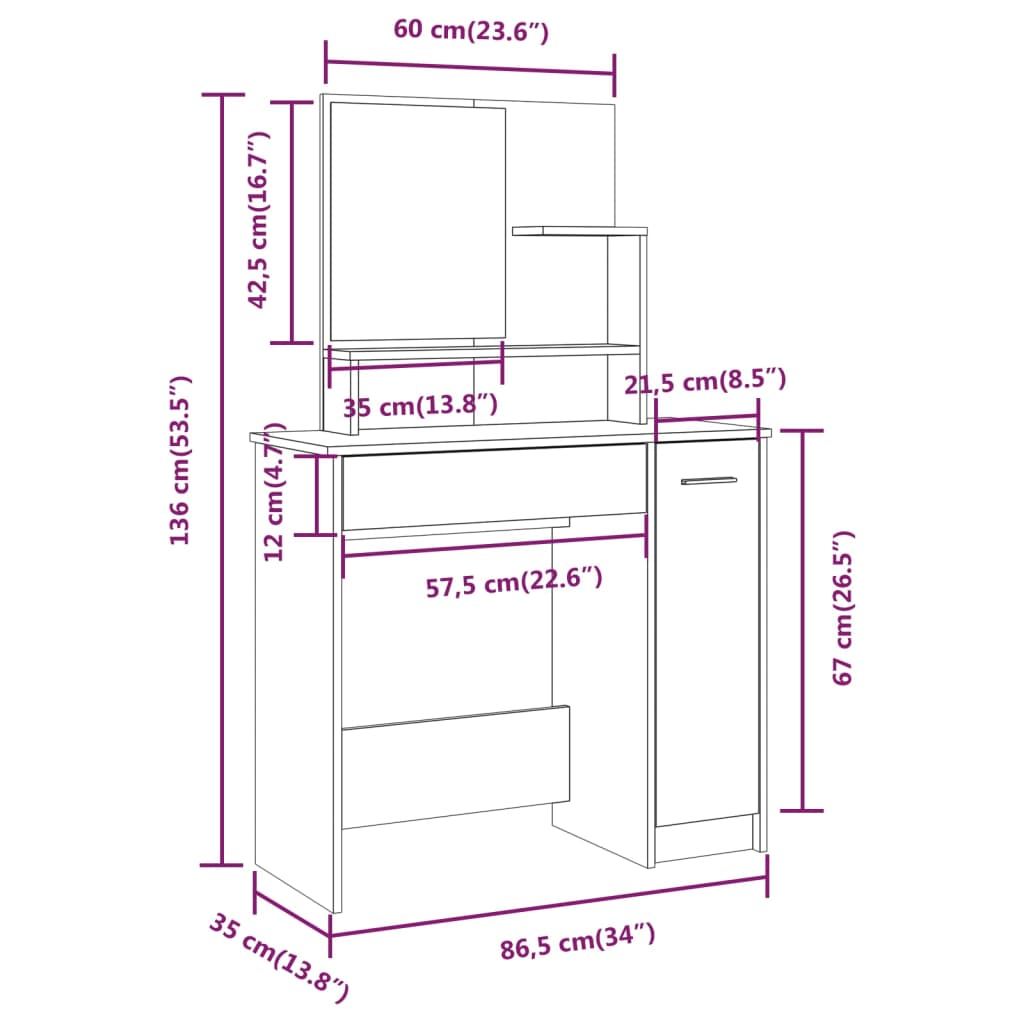 Set măsuță de toaletă, alb, 86,5x35x136 cm