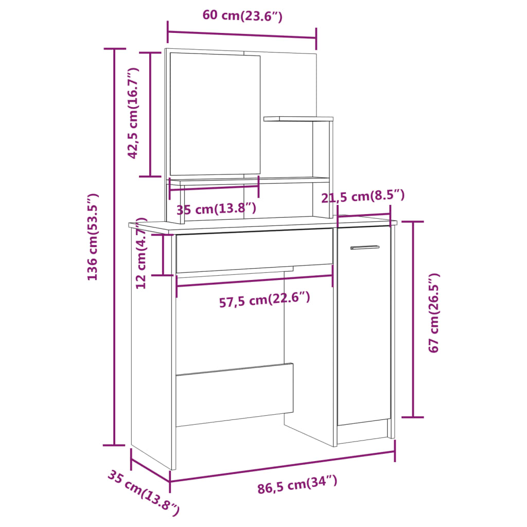 Set măsuță de toaletă, stejar afumat, 86,5x35x136 cm