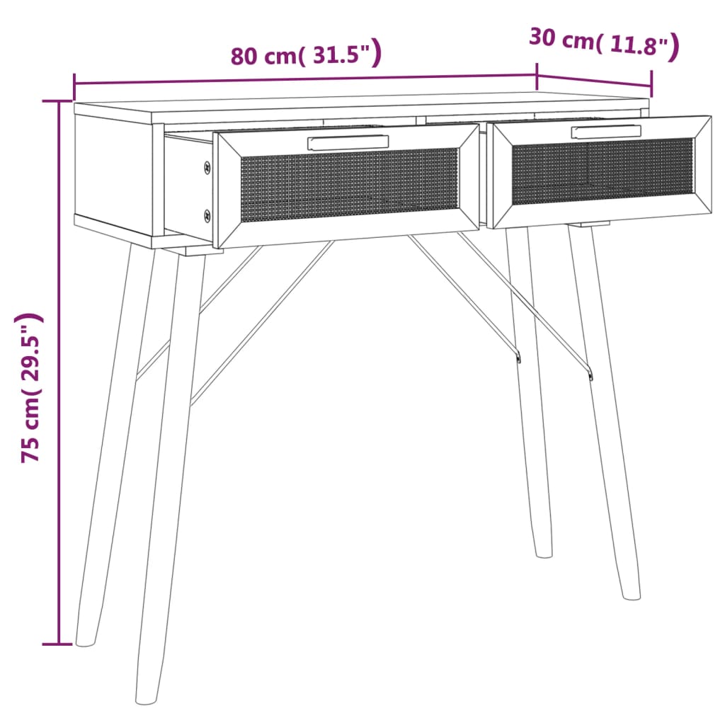 Masă consolă alb 80x30x75 cm lemn masiv pin și ratan natural