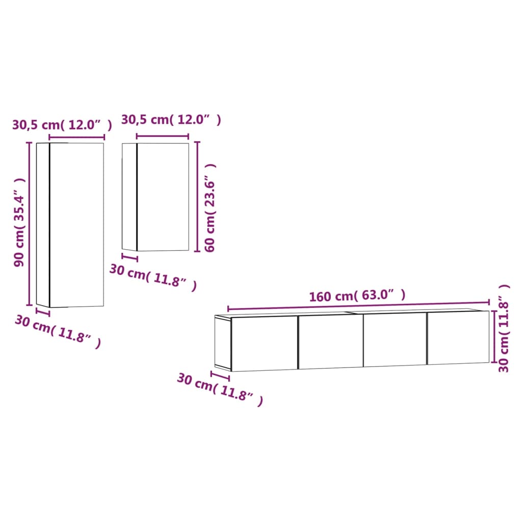 Set dulap TV, 4 piese, alb, lemn prelucrat