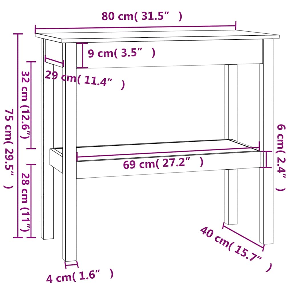 Masă consolă, alb, 80x40x75 cm, lemn masiv de pin