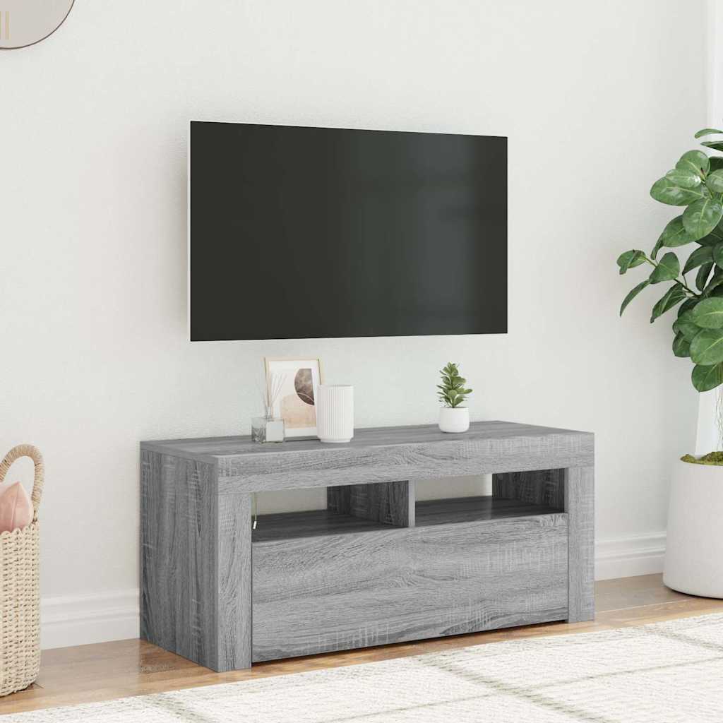 Comodă TV cu lumini LED, gri sonoma, 90x35x40 cm