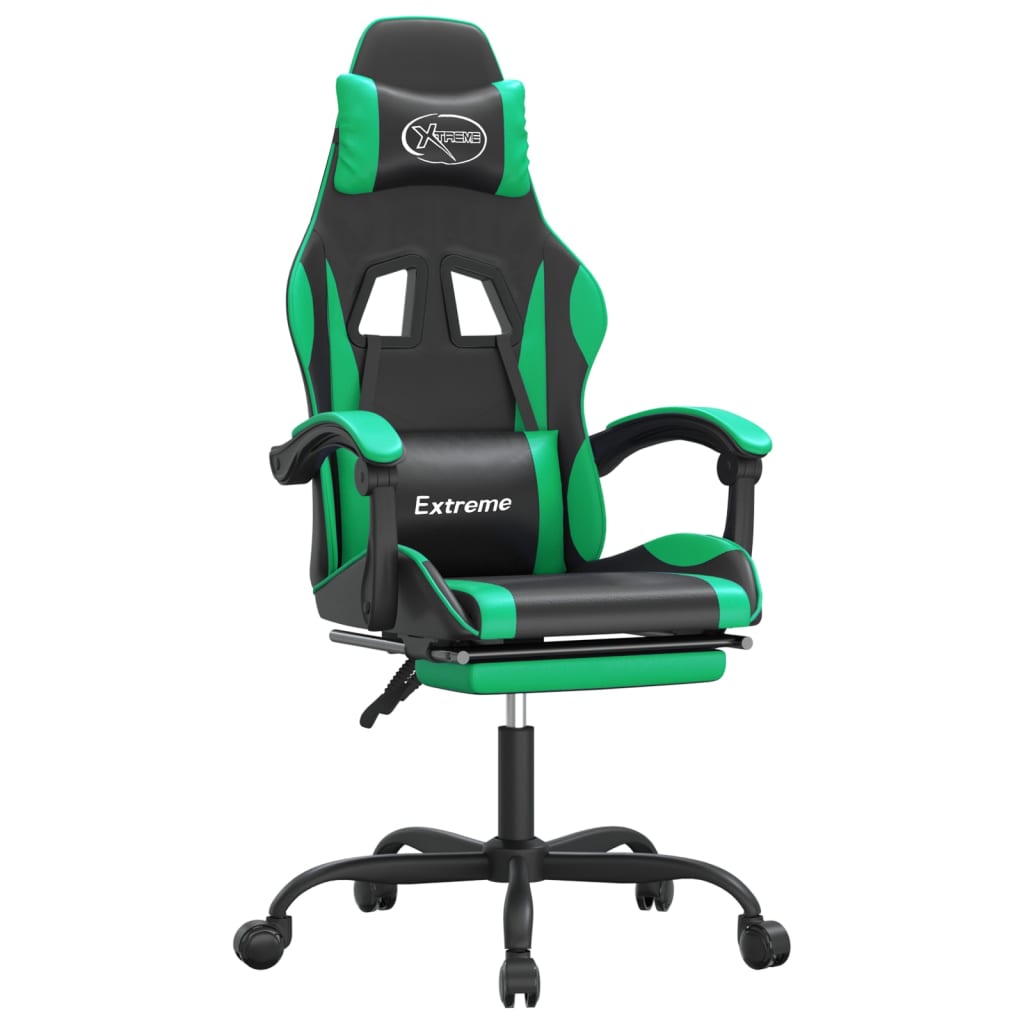 Scaun de gaming pivotant/suport picioare negru/verde piele eco