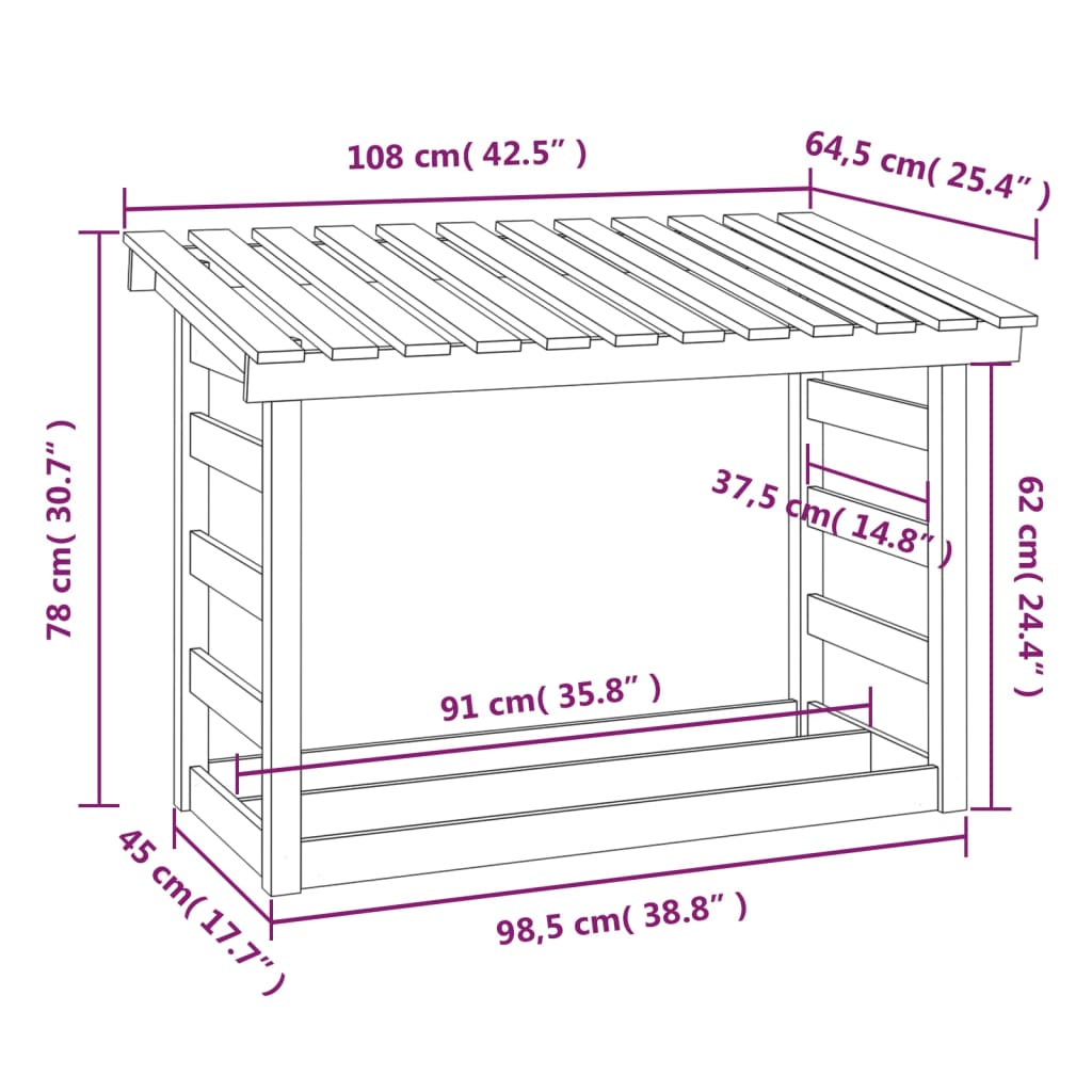 Rastel pentru lemne de foc, alb, 108x64,5x78 cm, lemn masiv pin