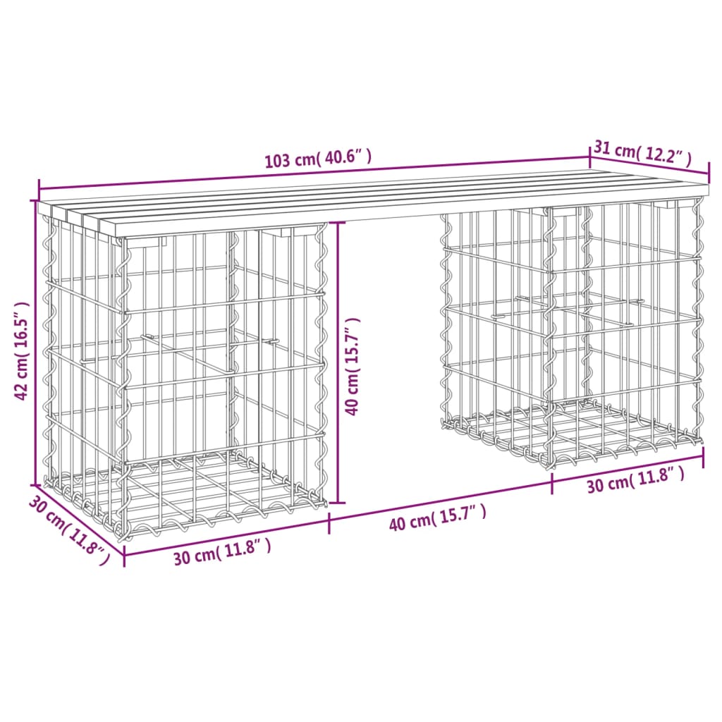 Bancă de grădină, design gabion, 103x31x42 cm, lemn masiv pin