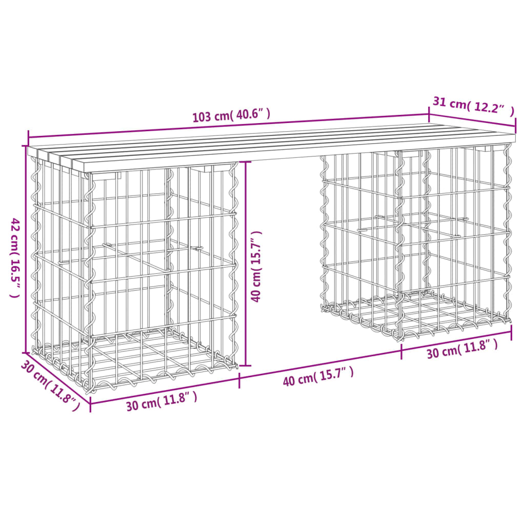 Bancă grădină, design gabion, 103x31x42 cm, lemn pin impregnat