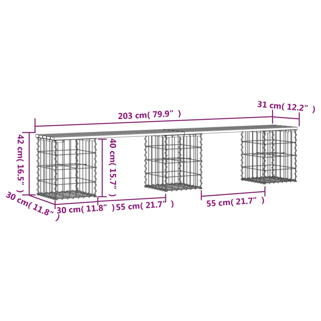 Bancă de grădină, design gabion, 203x31x42cm, lemn masiv de pin