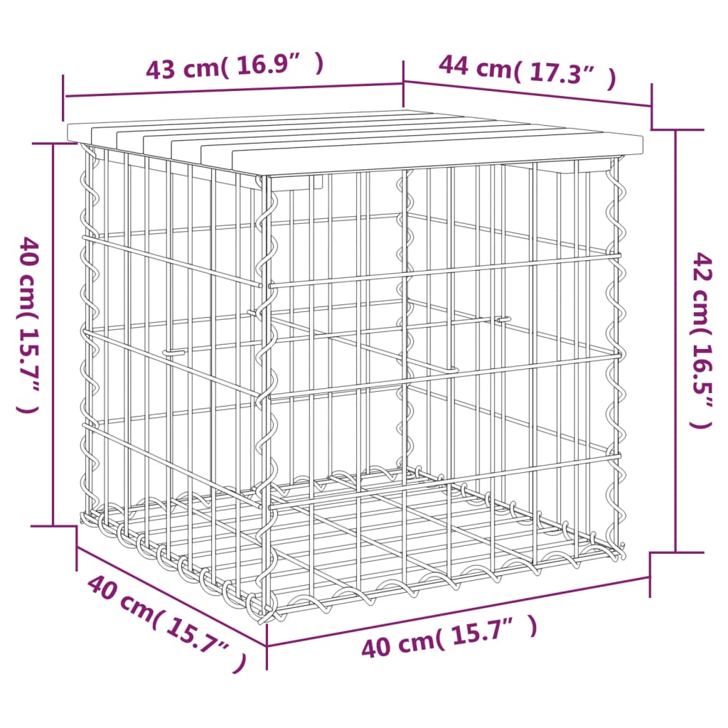 Bancă grădină, design gabion, 43x44x42 cm, lemn pin impregnat