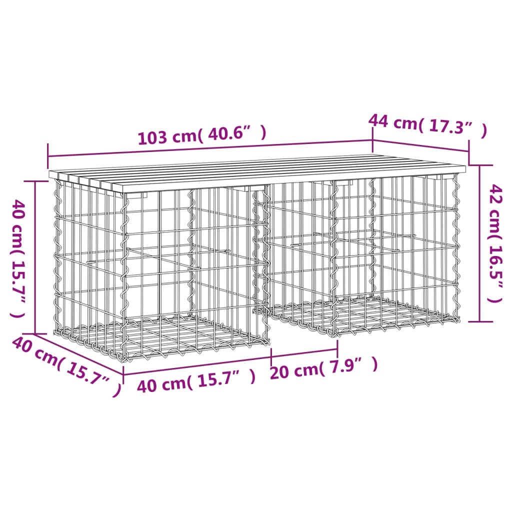 Bancă grădină, design gabion, 103x44x42 cm, lemn pin impregnat