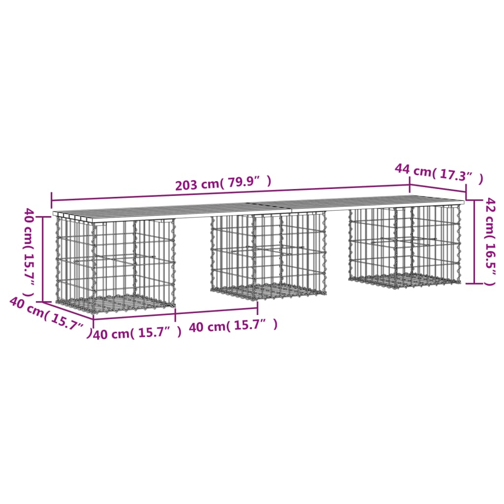 Bancă grădină, design gabion, 203x44x42 cm, lemn pin impregnat