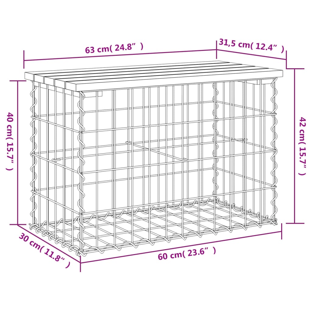 Bancă grădină, design gabion, 63x31,5x42 cm, lemn pin impregnat