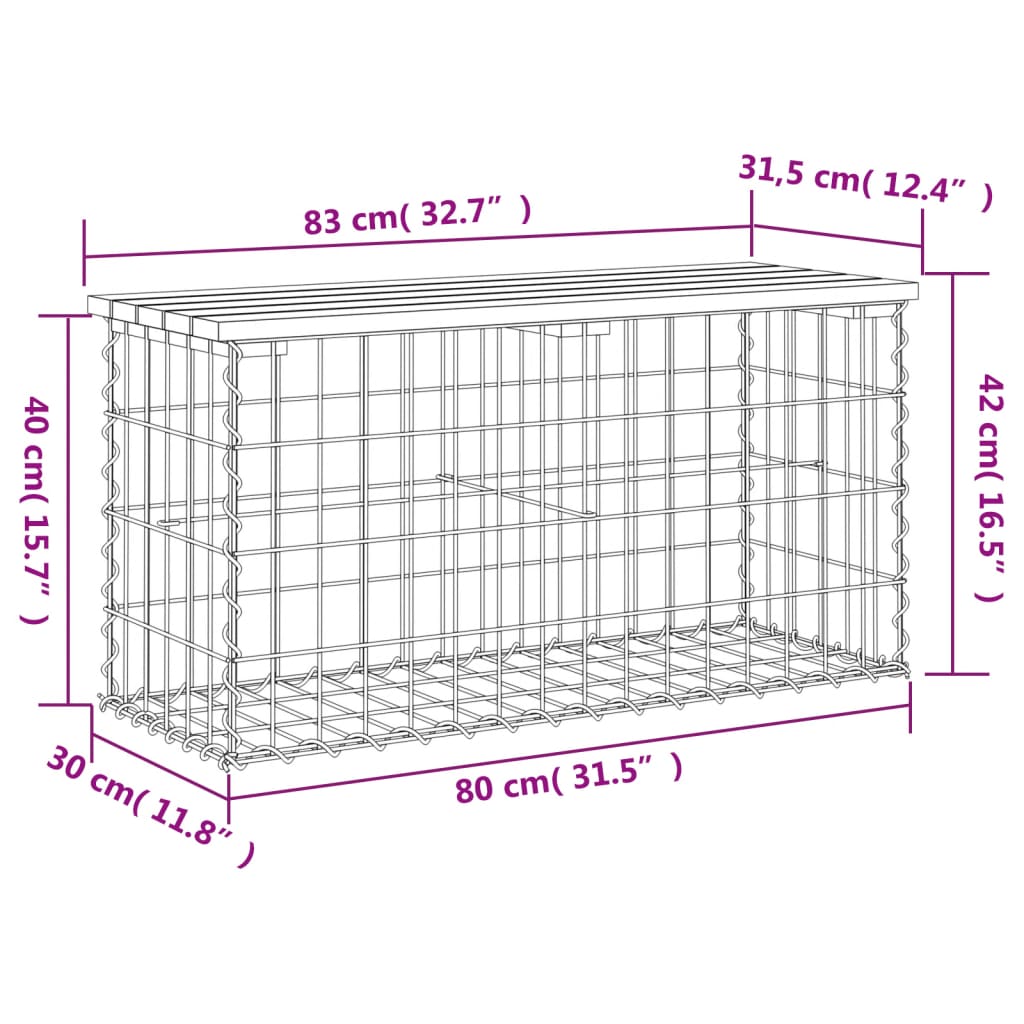 Bancă grădină, design gabion, 83x31,5x42 cm, lemn pin impregnat