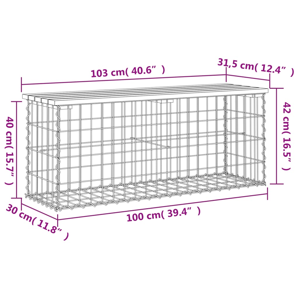 Bancă de grădină, design gabion, 103x31,5x42 cm, lemn masiv pin