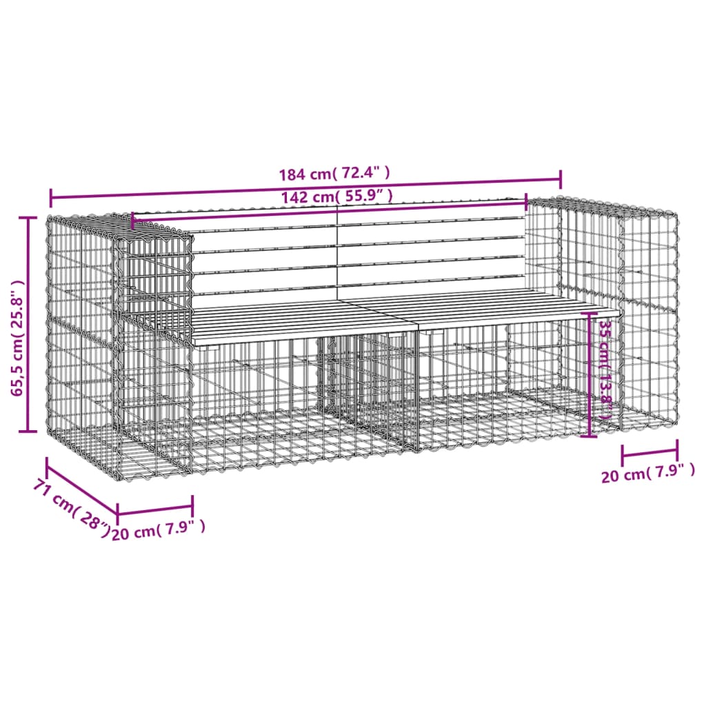 Bancă de grădină, design gabion, 184x71x65,5 cm, lemn masiv pin