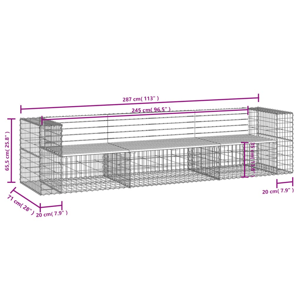 Bancă de grădină tip gabion 287x71x65,5 cm, lemn masiv Douglas