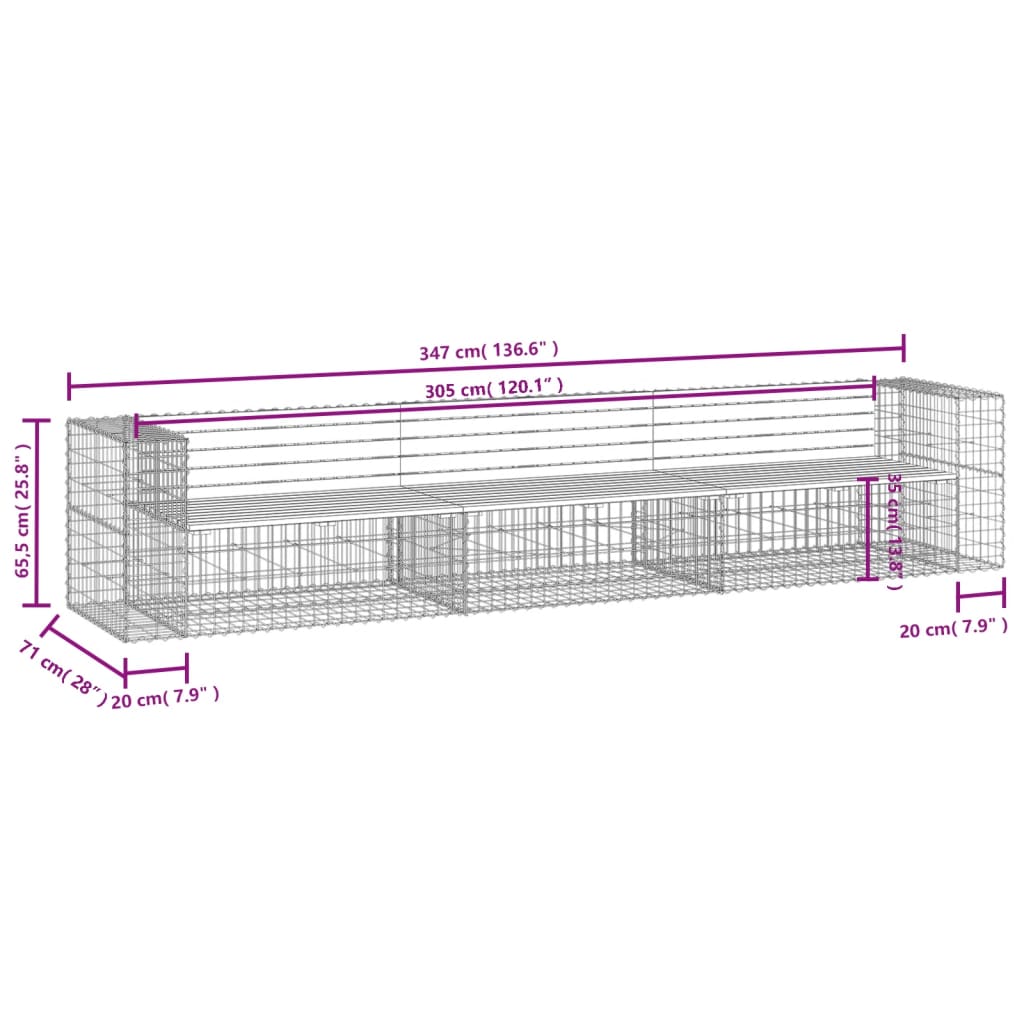 Bancă de grădină, design gabion, 347x71x65,5cm, lemn masiv pin