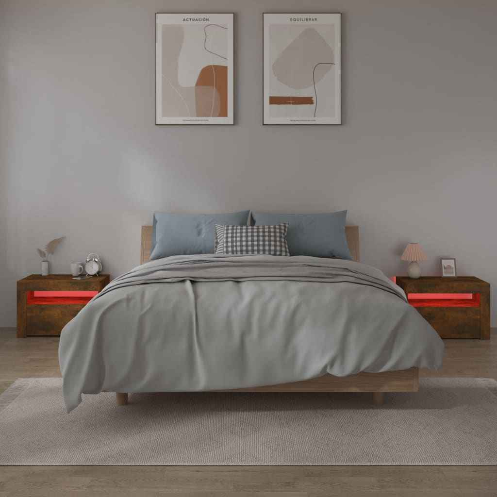 Noptiere cu lumini LED, 2 buc., stejar afumat, 60x35x40 cm